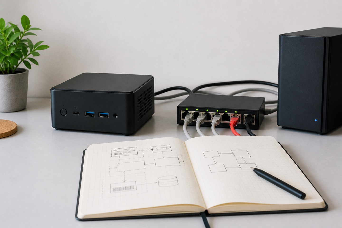 A compact home server, network switch, and notebook on a bright desk